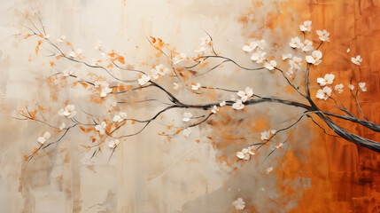 astarte.ai:Blossoming Branch on Burnt Orange and Cream Canvas