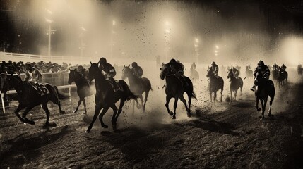 Historic 20th Century Horse Race in Black and White - Vintage Photography for Retro Decor and Design Work