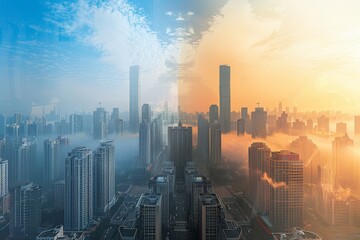 Impact of Pollution and Clean Air on City Skyline - Digital Illustration of Environmental Change