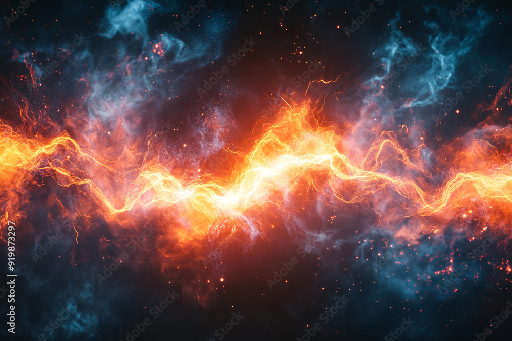 Poster dynamic display of cosmic energy with blue and orange light swirling in space creating an intense, e
