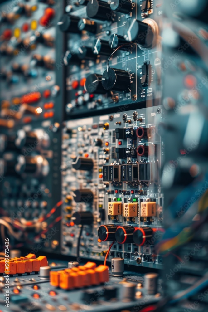 Poster detailed close-up of a digital signal processing unit in modern audio equipment setup