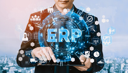 Enterprise Resource Management ERP software system for business resources plan presented in modern...