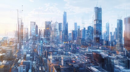 Naklejka premium a bustling city skyline overlaid with detailed blueprints and construction plans