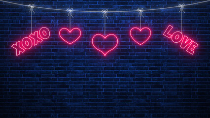 neon hearts on blue brick background, valentines day and love wallpaper, romantic design element