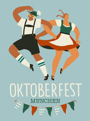 Oktoberfest, beer festival. Dancing young couple hands holding hands in the form of a pretzelCharacters in German national dress. Vector flat illustration.