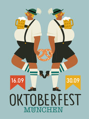 Oktoberfest, beer festival. Two fat men in a national costume with beer on their bellies holding a pretzel. Vector flat illustration.