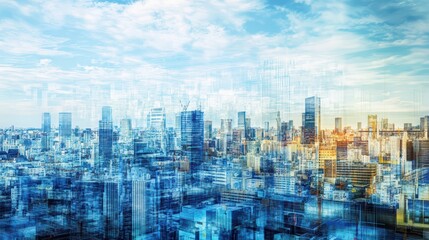 a bustling city skyline overlaid with detailed blueprints and construction plans