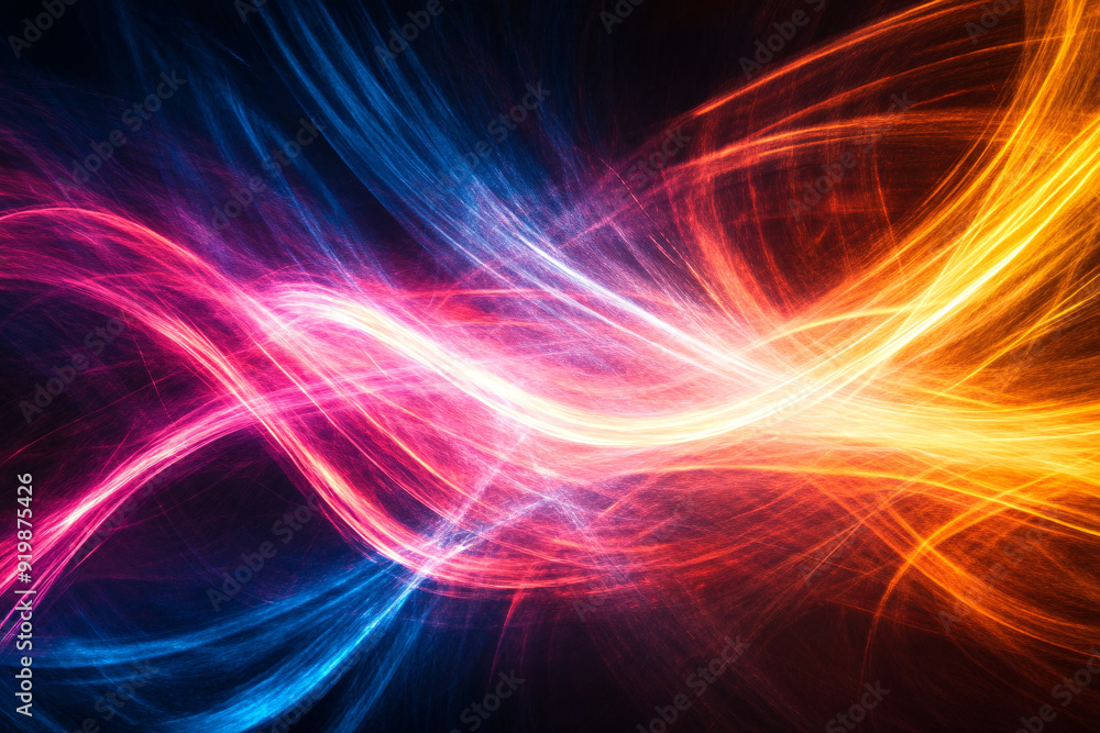 Poster streams of vibrant orange, pink, and blue energy intertwine in a dynamic flow across a dark backgrou