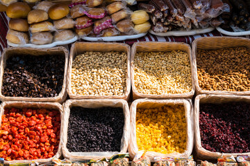 a real Ukrainian fair where various nuts, dried fruits and other things are sold in baskets
