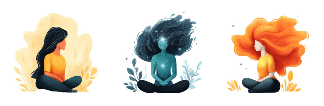 Inner Peace and Harmony: Three women in meditation, representing diversity and serenity.  The illustration showcases a journey of self-discovery and spiritual growth, inspiring mindfulness and inner p