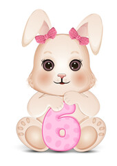 Obraz premium Cute cartoon baby bunny with pink number six. Vector illustration.