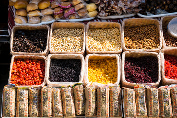 a real Ukrainian fair where various nuts, dried fruits and other things are sold in baskets
