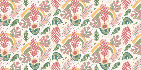 Autumn pattern with abstract leaves with different textures, stripes, dots, zigzags. Free hand drawing. vector design elements. Pastel pink, brown, green colors. For decorating paper, postcards