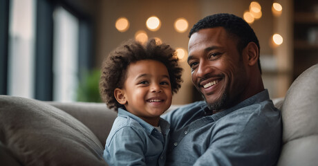 Fototapeta premium happy african american dad and little son at home resting