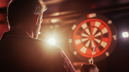 Professional darts player concentrating and aiming at target on dartboard, holding dart in hand in a dark room
