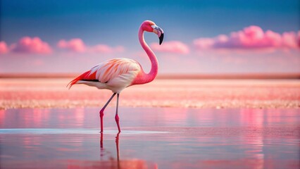 Fototapeta premium Graceful flamingo standing in pink lagoon