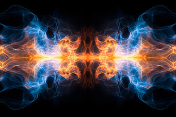 Symmetrical patterns of fiery and cool energy swirl together in a dark cosmic scene, creating a visually balanced design