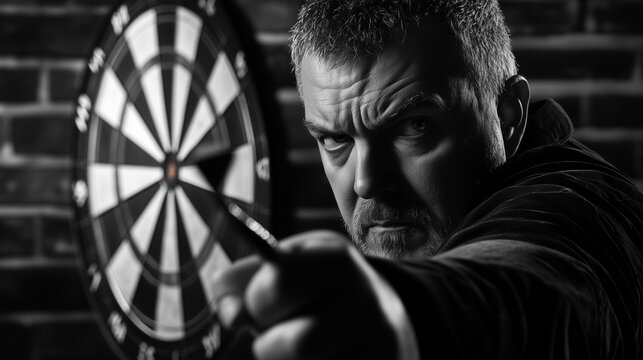 Professional darts player focusing and aiming at the dartboard with a dart in his hand
