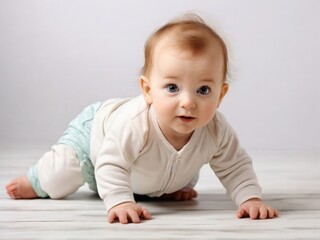 a small child half a year old in diapers climbs on all
