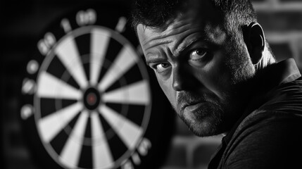 Professional darts player with a serious expression on his face standing in front of a dartboard