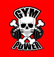 A skull graphic holds dumbbells, representing strength and fitness culture in a striking monochrome style.