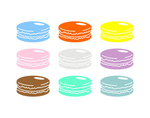 A variety of colorful macarons are displayed in a grid pattern, showcasing their unique pastel shades and smooth textures.