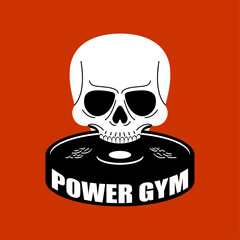 A skull graphic holds dumbbells, representing strength and fitness culture in a striking monochrome style.