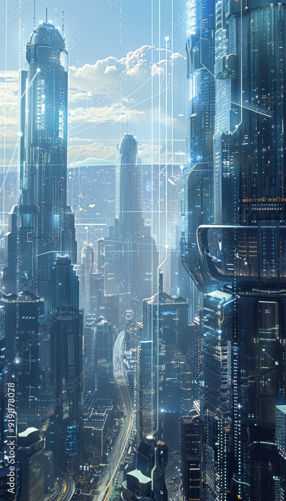 Poster futuristic urban cityscape with transparent skyscrapers and data streams showcasing advanced technol