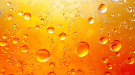 "Yellow and orange bubbles and drops of oil in water, featuring olive oil for cooking as the background."