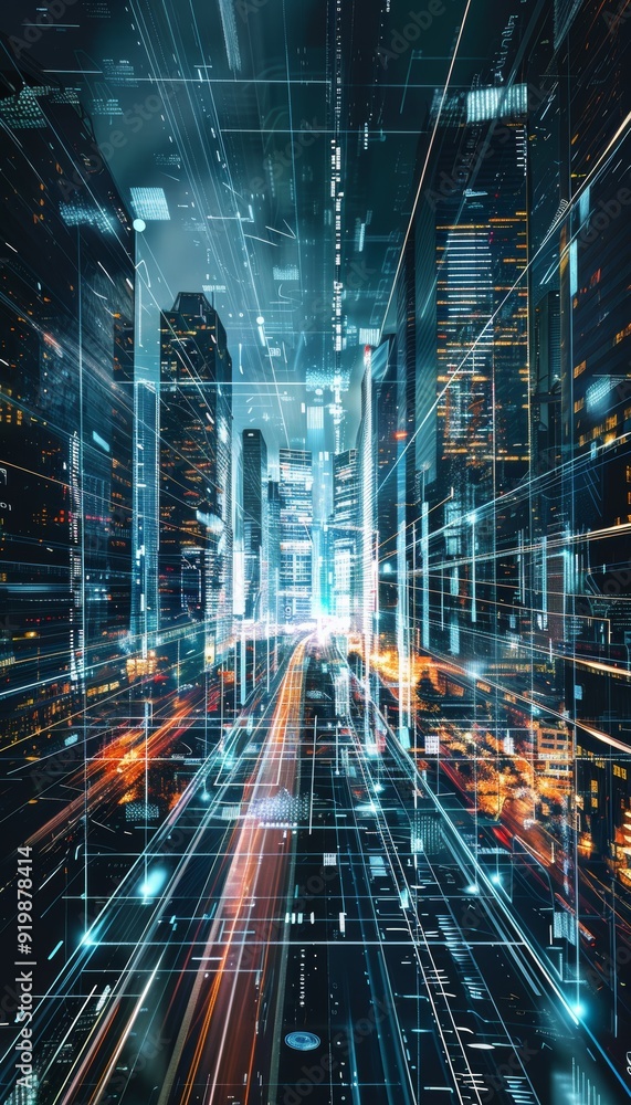 Poster futuristic urban landscape with transparent buildings and digital data streams representing mobile n