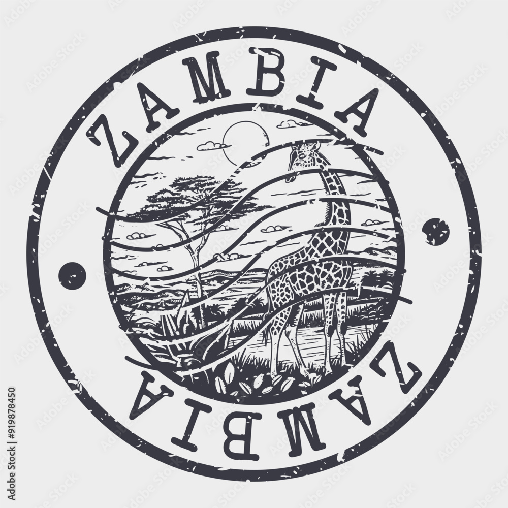 Poster Zambia Stamp Postal. Silhouette Seal. Passport Round Design. Vector Icon. Design Retro Travel. National Symbol.