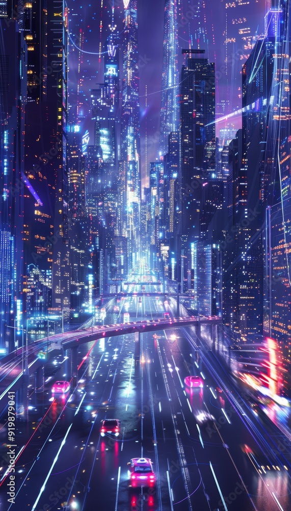 Aufkleber futuristic cityscape with holographic data streams representing advanced mobile network traffic
