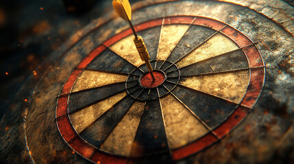 Vintage style image of a golden dart hitting the bullseye on an old target with a fiery background, representing success, determination, and ambition