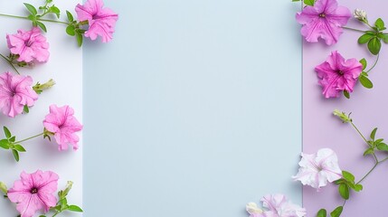 Obraz premium Purple and white petunia flowers on pastel blue background. Minimalist floral frame with copy space. Ideal for spring-themed banners, invitations, or greeting cards. Flat lay photography.