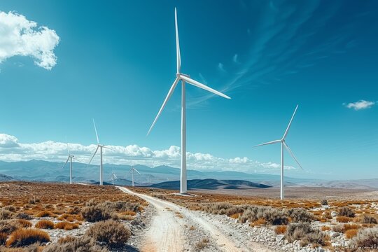 White windmills generating renewable electricity for eco friendly power installations against sky
