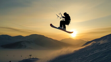 Snowkiting Adventure An exhilarating scene capturing the thrill of snowkiting against a backdrop of stunning snow-covered mountains and a radiant sun showcasing the excitement and beauty 