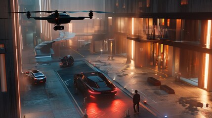 Futuristic Robber Using Drone for High Security Heist in Urban Twilight Skyline