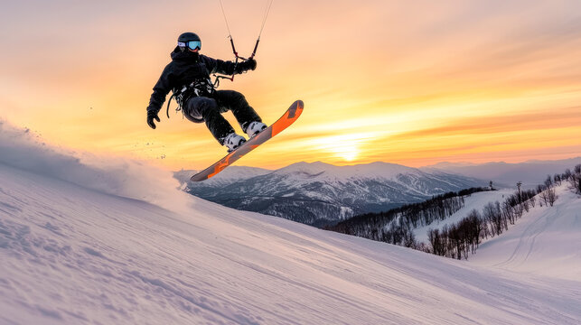 Snowkiting Adventure An exhilarating scene capturing the thrill of snowkiting against a backdrop of stunning snow-covered mountains and a radiant sun showcasing the excitement and beauty 