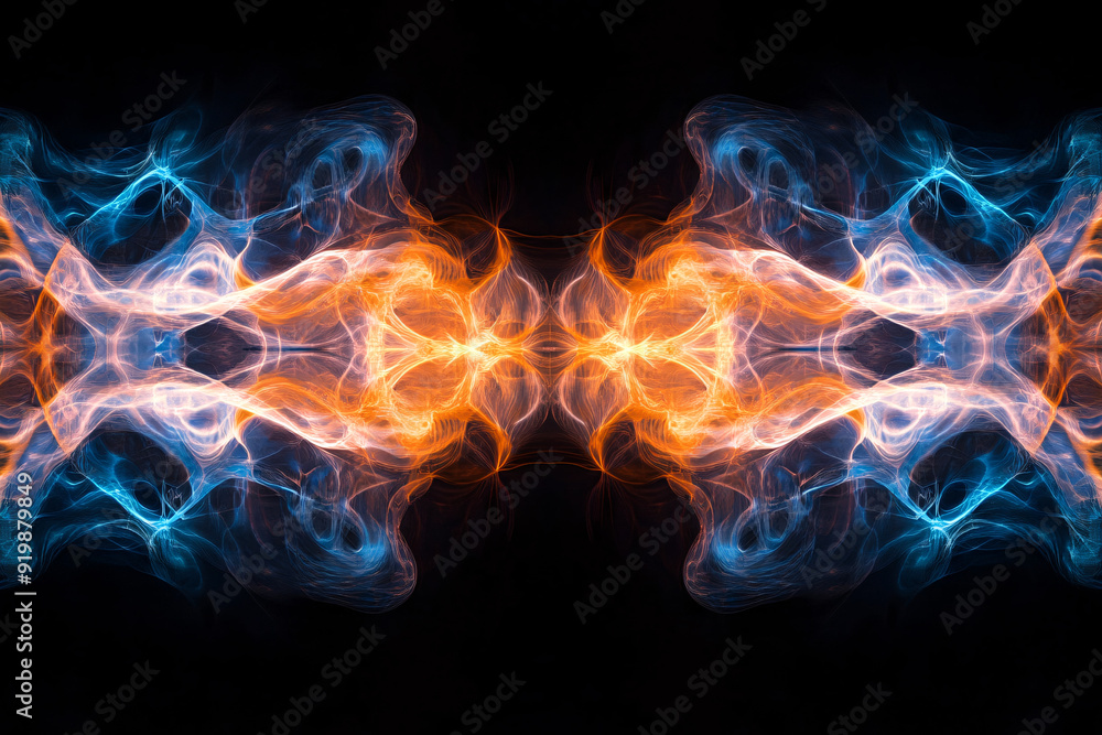 Poster a symmetrical pattern of glowing blue and orange energy waves, creating a powerful and balanced visu