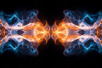 A symmetrical pattern of glowing blue and orange energy waves, creating a powerful and balanced visual effect in a dark space