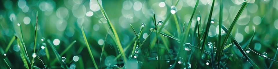 Fototapeta premium Blurred water droplets on green grass