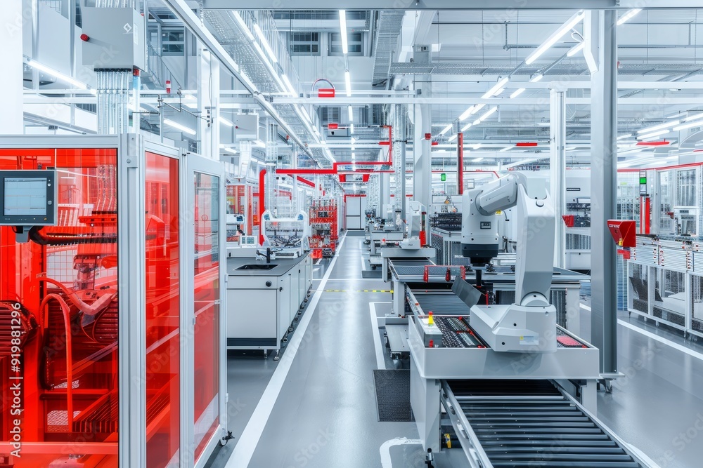 Poster high-tech manufacturing plant with iot-enabled robots demonstrating efficient production processes