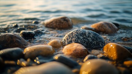 Obraz premium close-up of shiny, wet stones along the shore of a lake, with visible reflections of the water