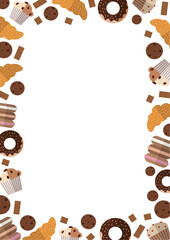 Hand drawn frame with pastry and desserts in flat style. Food illustration design for cards, posters and flyers. Bakery vector background