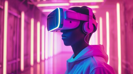 Imagine a person with futuristic VR goggles, amidst vibrant neon lights, representing the exciting realm of virtual reality and its limitless creative options for gamers and designers