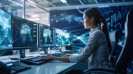 Fototapeta premium IT Specialist Monitoring Network Traffic and Security in Advanced High-Tech Office Environment