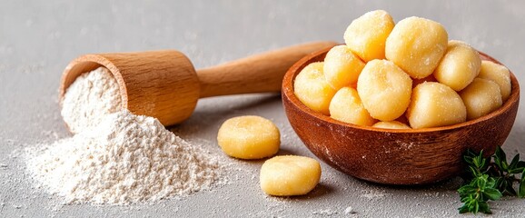 Fototapeta premium Raw Potato Gnocchi With Flour, Close-Up, Traditional, Vibrant, Inviting