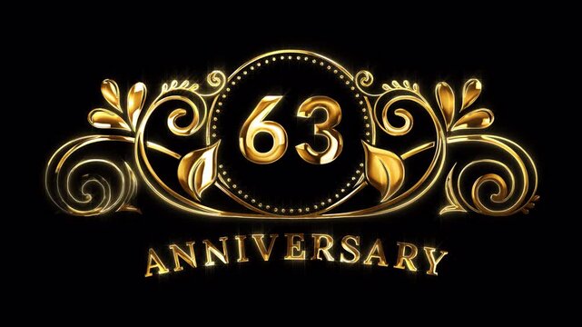 63rd Anniversary Celebration. Happy 63 Years Anniversary Animation in Gold Color on the Transparent Background, Alpha Channel. Great for greetings, celebrations, events, and gifts.