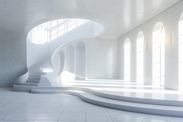 Obraz premium Curved Hexagonal Podium Bathed in Natural Light Within a Modern Interior Space