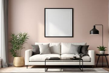 Living room interior with a white sofa, a coffee table and a framed poster.  mock up